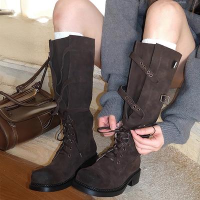 Cowhide Version~ Genuine Leather Boots Women's Autumn and Winter New Straps High Knight Boots Square Head Buckle Belt But Knee Boots