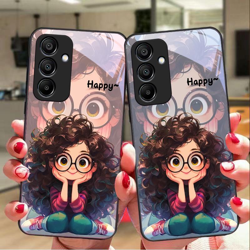 Mädchen mit lockigen Haaren für Samsung Galaxy A15 5G 54 4G 51 50 24 35 90 71 12 51 53 52S 80 22 34 Schwarze Handyhülle aus gehärtetem Glas