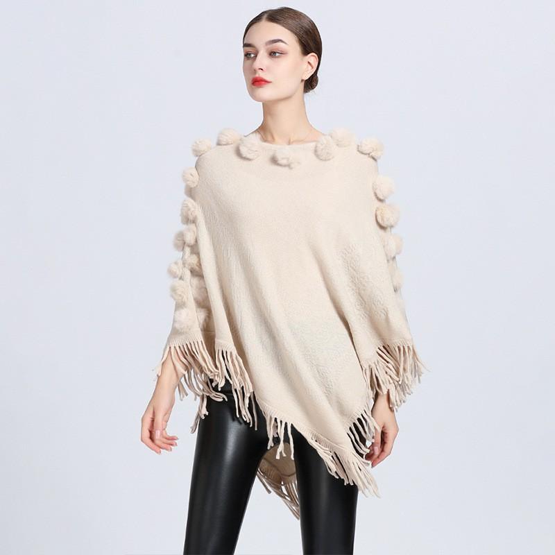 307 Fall Winter Tassel Pom Shawl Cape Womens Crew Neck Pullover Knit Sweater