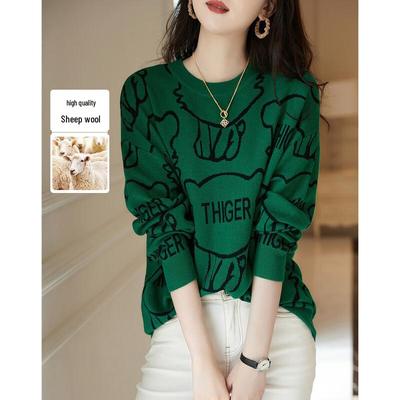 Women's Wool Blend Letter Knit Round Neck Sweater