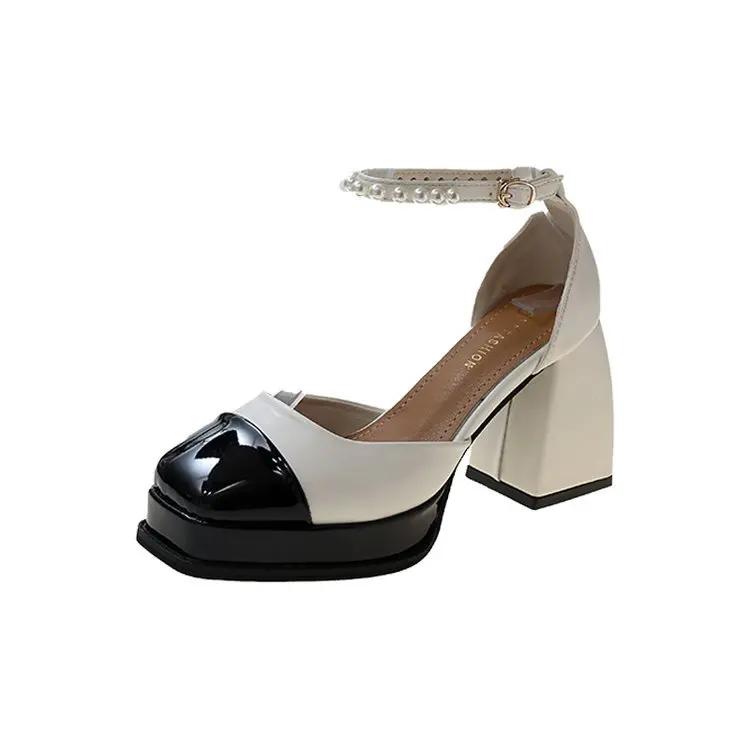

Модні жіночі човники Туфлі на платформі Нові жіночі туфлі 2024 року Мері Джейн Туфлі Мері Джейн на товстому каблуці Босоніжки з перлинним ремінцем Лакована шкіра Zapatos Mujer 37