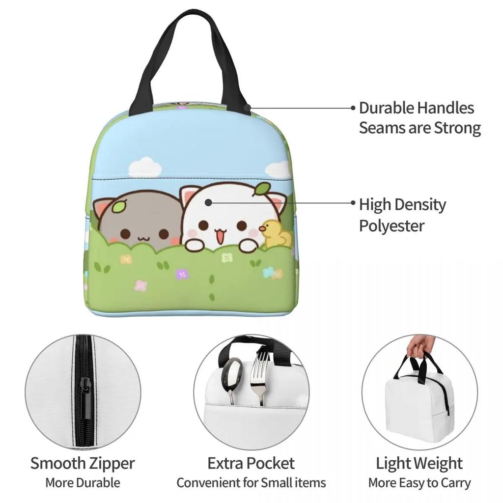 Peach and Goma Insulated Lunch Bags for Work School Picnic Cartoon Mochi Cat Leakproof Cooler Thermal Lunch Box for Women Kids