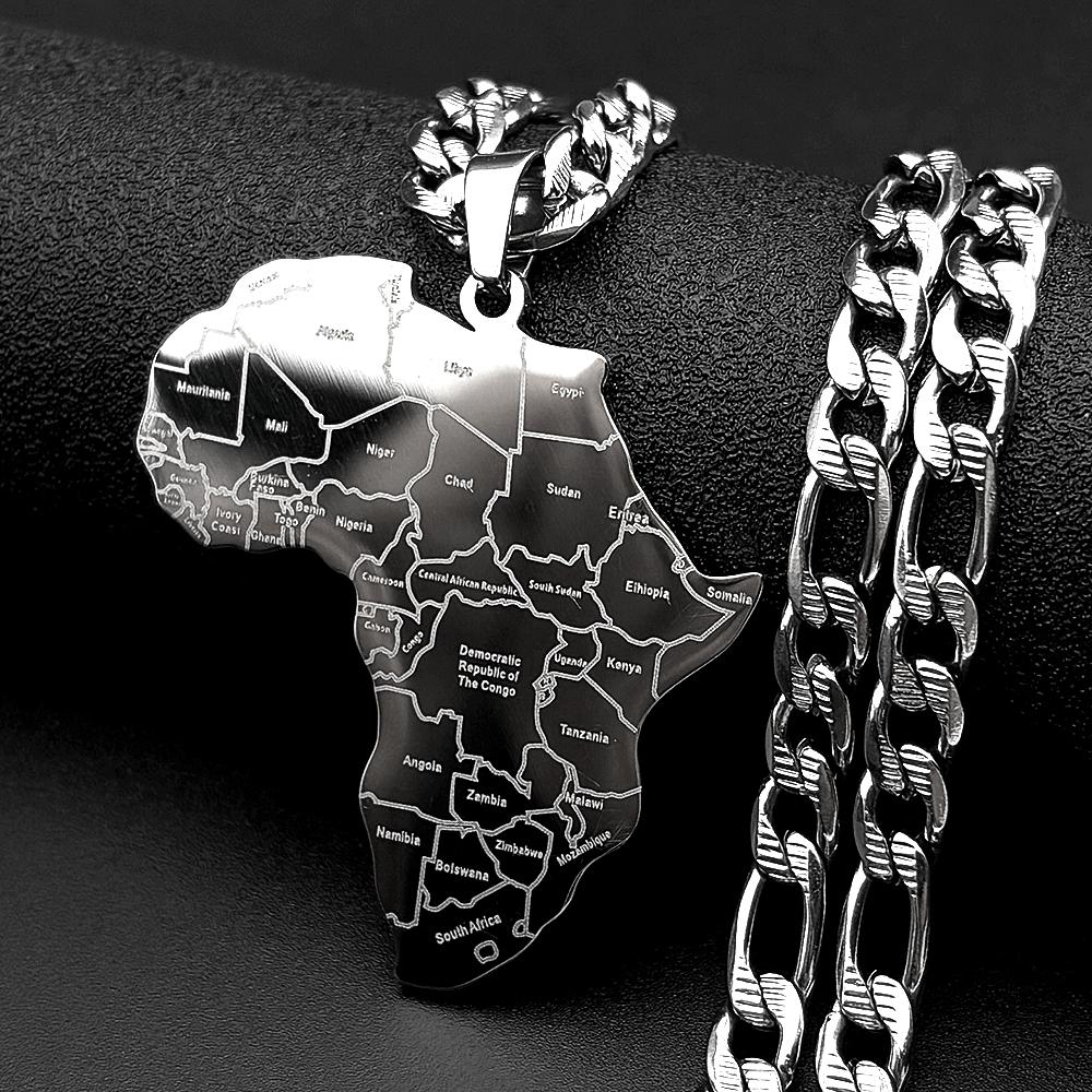 African Continent Map With Country Names Pendant Necklaces for Women Men Stainless Steel Gold Color Africa Chain Jewelry Gift