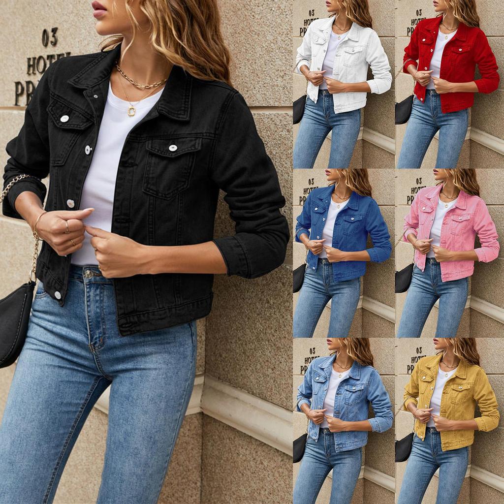 Women's Denim Jackets Fashion Female Casual Long Sleeve Lapel Solid Button Down Chest Pocket Slim Jean Jacket Coat
