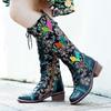 Johnature Genuine Leather Long Boots Women Shoes Handmade Retro Printed Color Matching Lace Up Mid-calf Boots