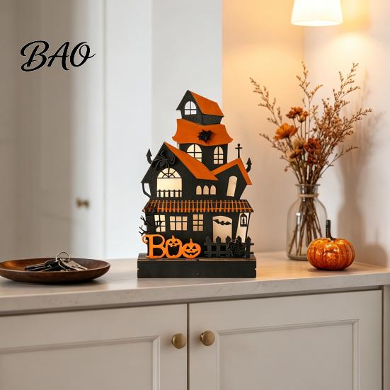 Festive Atmosphere Table Decor Wooden Glowing Haunted House Figurine with LED Light, Halloween Tabletop Centerpiece Spooky Home Interior Accents