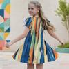 Girls Round Neck Flutter Sleeve Printed A Line Flared Dress Blue Pink White