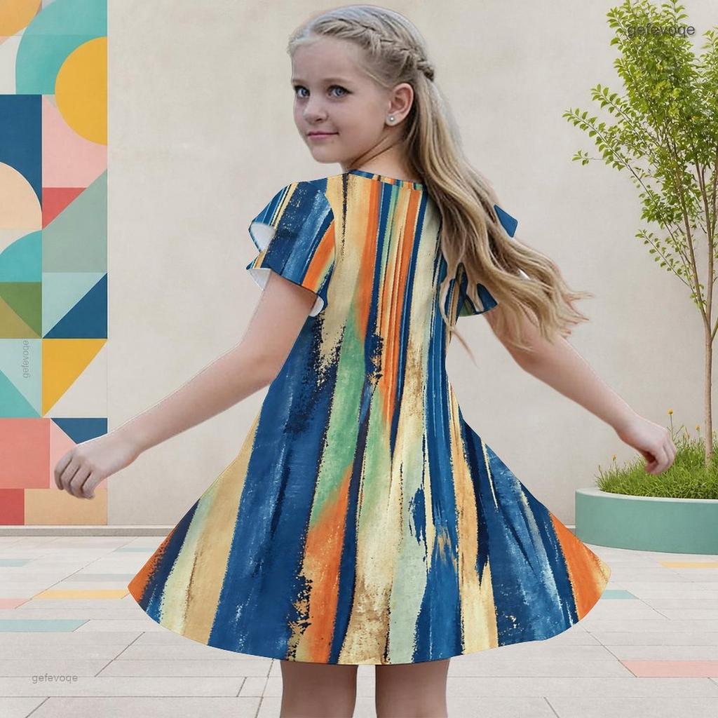 Girls Round Neck Flutter Sleeve Printed A Line Flared Dress Blue Pink White