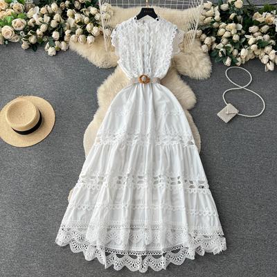 Summer French Vintage Long Maxi Holiday Dress Hollow Out Embroidery Lace High Quality Women Court Party Dresses
