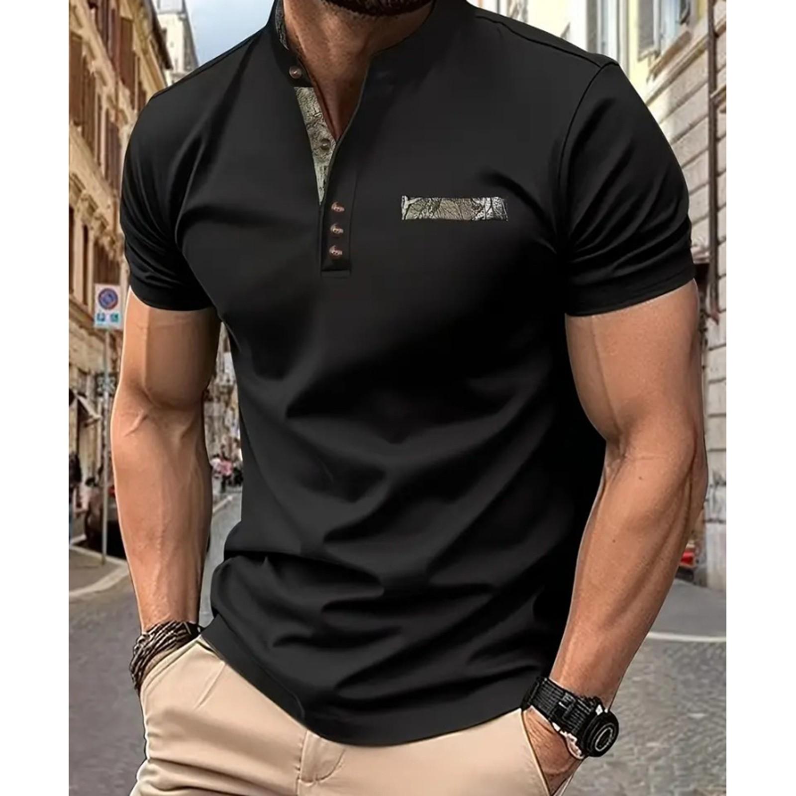 

Летний новый мужской повседневный воротник-стойка с коротким рукавом воротник рубашки XXL чёрный
