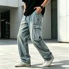 Men's Fall Winter Cargo Jeans with Multi Pockets, Loose Straight Fit, Vintage Patchwork Denim Pants for Casual Wear