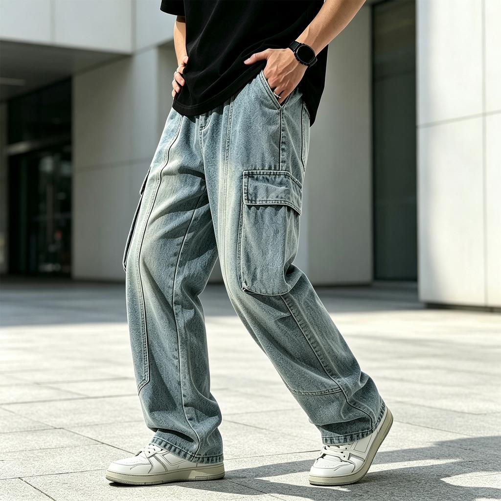 Men's Fall Winter Cargo Jeans with Multi Pockets, Loose Straight Fit, Vintage Patchwork Denim Pants for Casual Wear