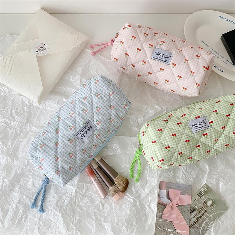 Cute Cherry Plaid Large Capacity Pencil Case Student Stationery Bag Ladies Cosmetic Bags Portable Clutch Purse Storage Bag Gifts