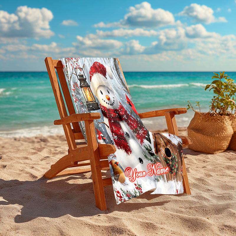 1PC Custom Name Winter Wonderland Snowman Beach Towel Highly Absorbent And Sand-Resistant Towel for Swimming, Pool, Yoga, And Travel Lightweight