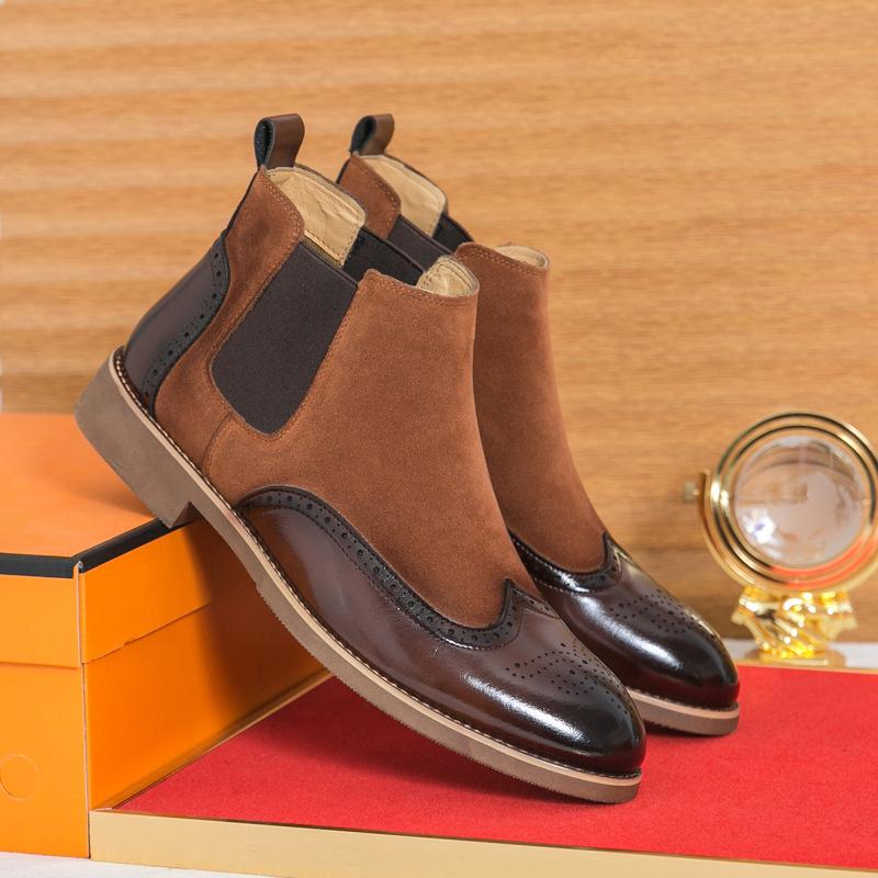 Autumn large size carved pointed Brock leather boots European and American formal casual shoes high top casual leather shoes short boots