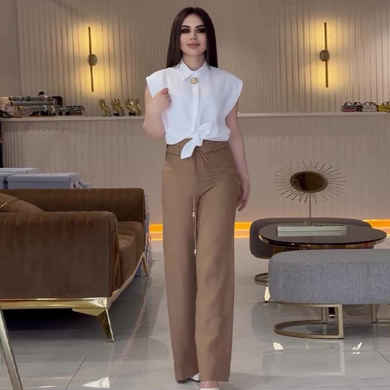 

Летний женский повседневный приталенный комплект: рубашка и брюки широкого кроя XXL белый