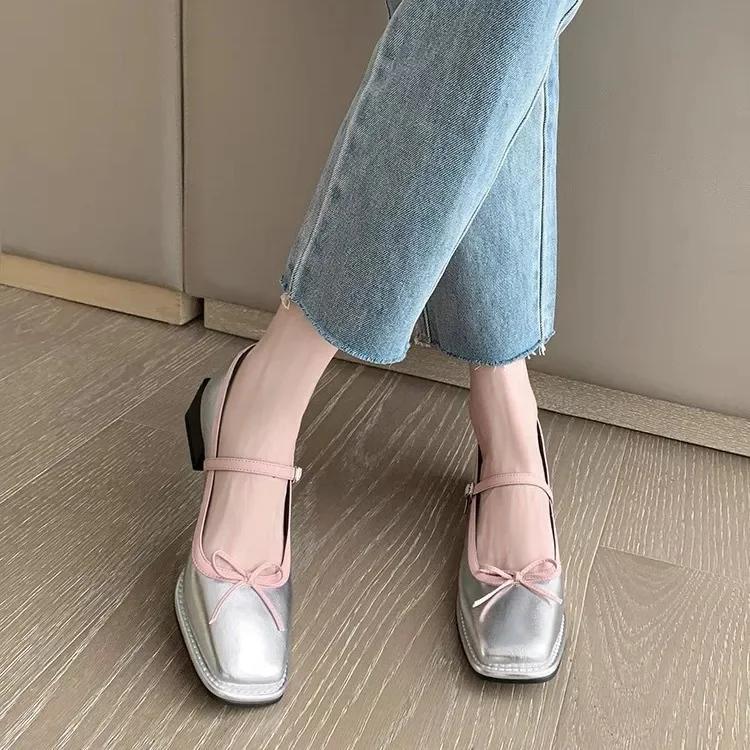 Square Toe High Heels Butterfly-knot Buckle Strap Ladies Shoes Mary Janes Block Heel Women Pumps Party Wedding Shoe