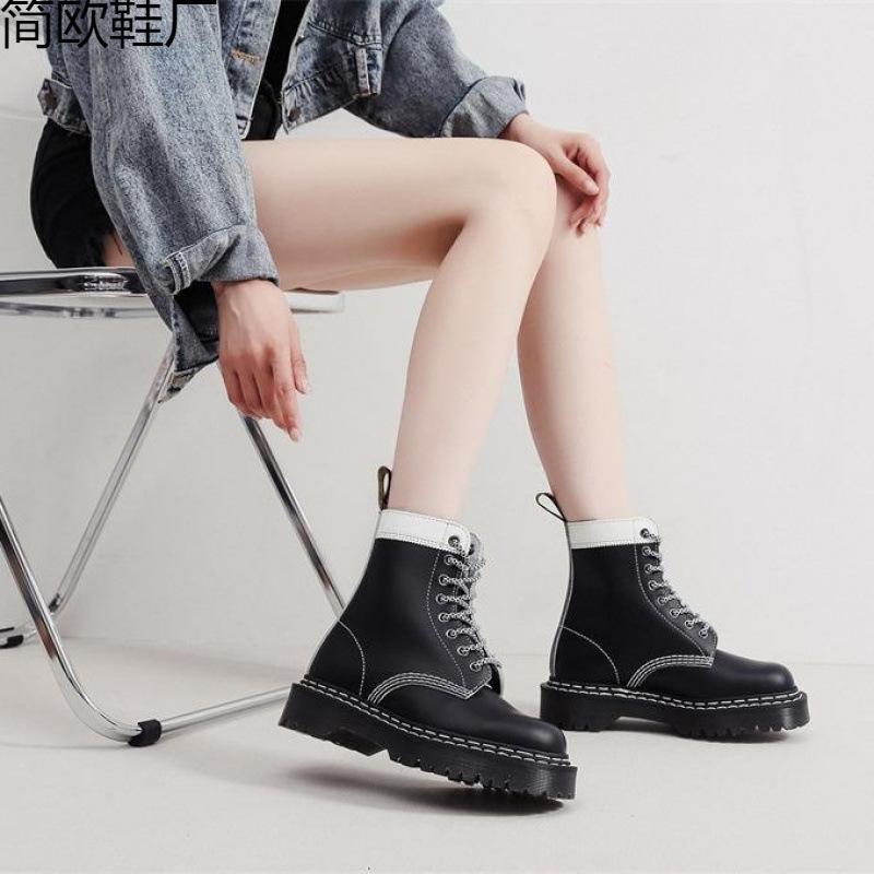 Martin Stiefel Werkzeugstiefel Damen Hartleder Schwarz-Weiß-Spleiß Kurzstiefel Damen und Herren Glänzende Lederstiefel Rund