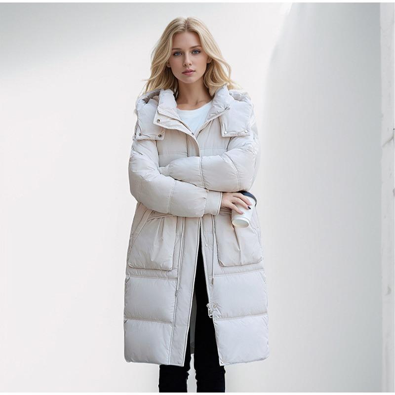 Casaco de Algodão de Pena Feminino Longo Inverno Espessado Acima do Joelho Solto com Capuz