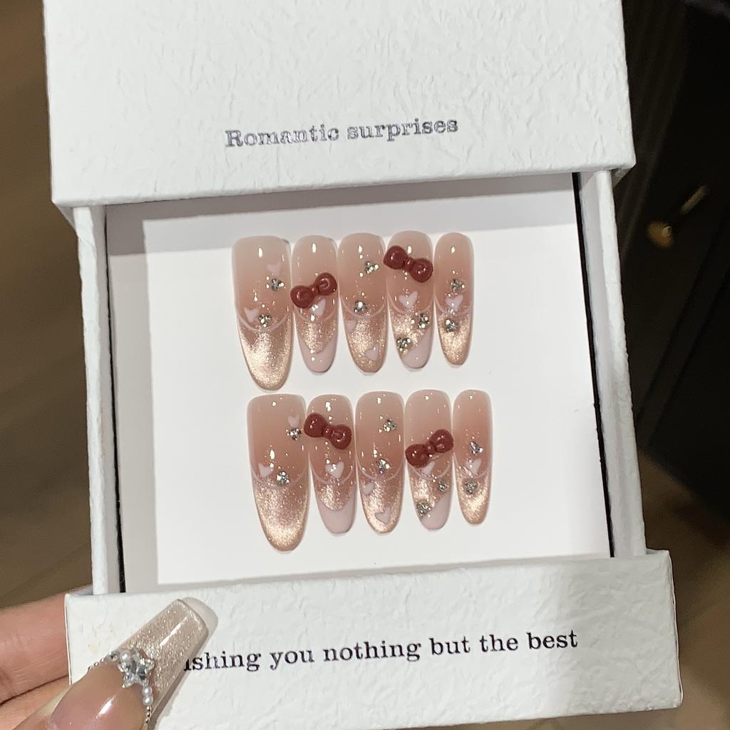 Ice-transparent Blush Champagne Color Cat Eye Gradient White French Bow Pile Diamond Love Bubble
