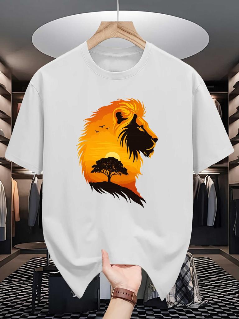 Unisex Crew Neck Tee Wild Lion Sunset Nature Art Graphic Print Soft Cotton Loose Short Sleeve Summer Casual Male Streetwear Tops