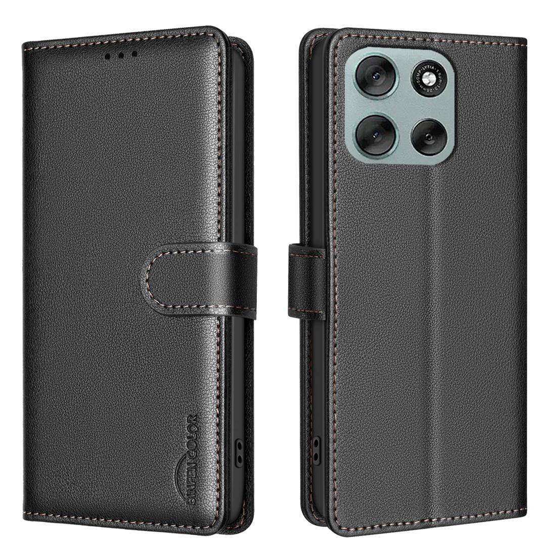 

Кожаный чехол для Motorola Moto G56 5G BINFEN COLOR BF32 Кошелек с RFID-блокировкой Чехол для телефона Black