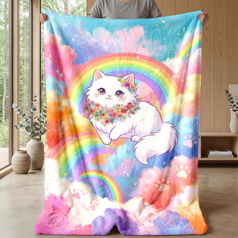 Rainbow Cat Fantasy 3 Theme Blanket Lightweight Warm Flannel Blanket Decorative Throw Blanket for Home Decoration
