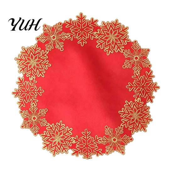 Winter Holiday Party Tableware Christmas Embroidered Placemat, Red And Gold Snowflake Table Dining Decor Mat, Heat Resistant Polyester Decorative Mat