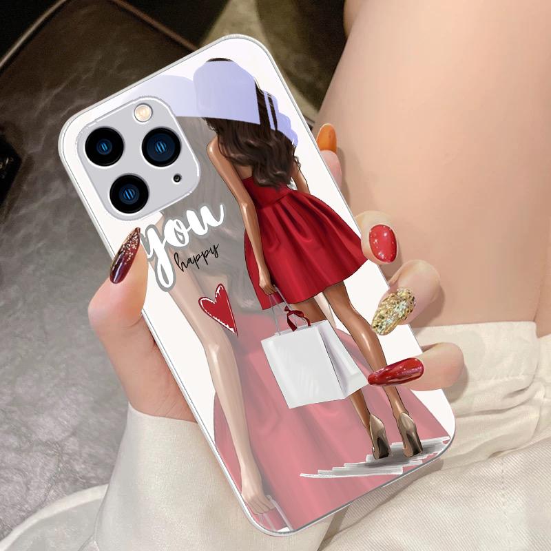 Shopping Cartoon Girl For IPhone 15 Pro 14 13 12 Mini 11 XS Max XR 7 8 Plu SE 2020 2022 Tempered Glass Phone Case