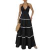 Damen Sommer Boho Neckholder Maxikleid Rückenfrei Fließend Knoten Kontrastbesatz Strandurlaub Sommerkleid