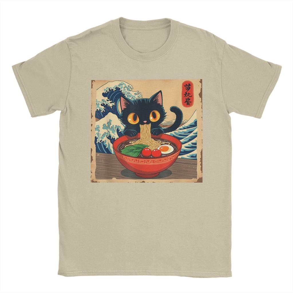 Men T-Shirt Japanese Black Cat Ramen Creative 100% Cotton Tee Shirt Short Sleeve Kawaii Noodle Cat T Shirt Round Neck