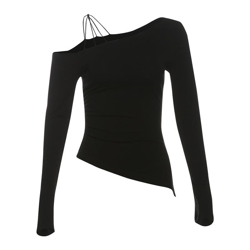 New Women's Solid Color Slim Fit Street Fashion Sloping Collar Camisole Long Sleeved Top for Women