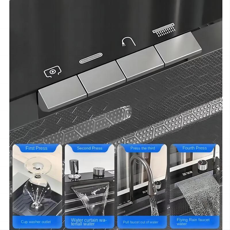 Küchenspüle aus Edelstahl 304, Doppel-Wasserfall, Einzelschlitz, integrierte Digitalanzeige, Wasserhahn-Set, Seifenspender, Tassenwascher