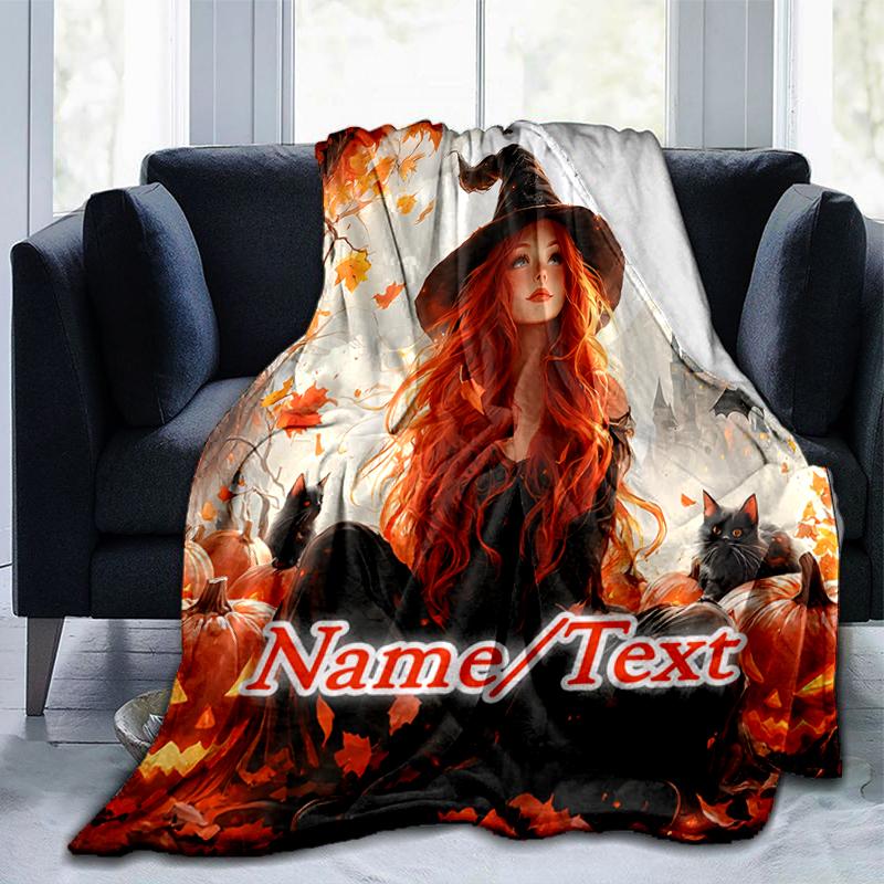 1PC Custom Name Witch Autumn Leaves Outdooor Flannel Blankets Throw Blanket All-Season Throw Gift Bedspread for Couch, Bed, Camping Holiday Birthday G