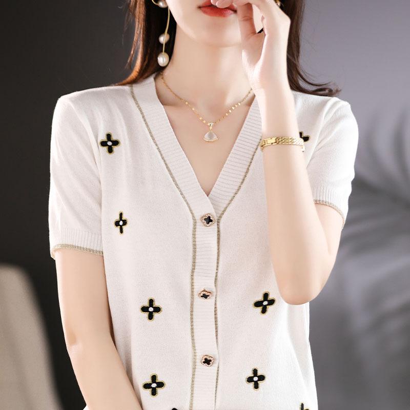 V-neck Thin Knitted Cardigan for Women with Small Fragrance Style Design and Fashionable Ice Silk Top Embroidered T-shirt In Summer