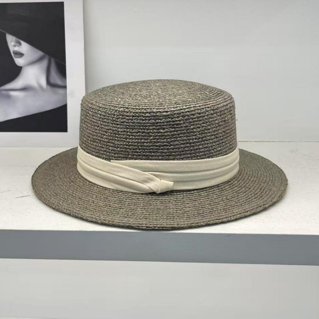 French Te Silk Lafie Grass Flat Top Straw Hat Women's Summer Hepburn Elegant Top Hat, Men's Sun Had Seaside Beach Hat