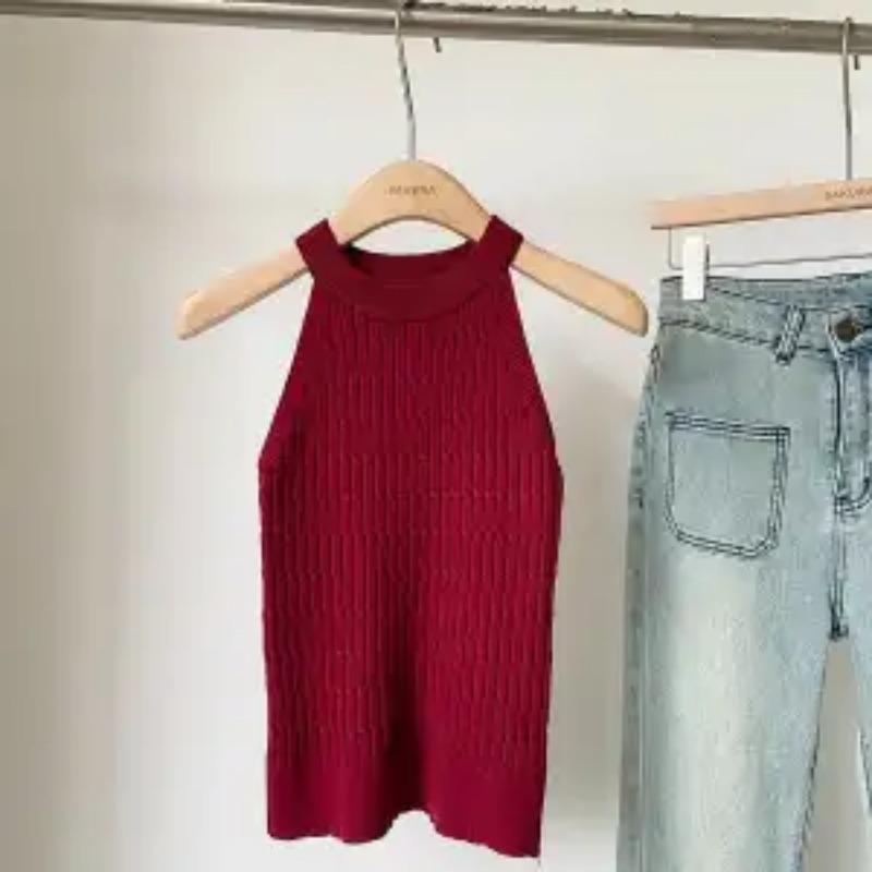 

Women s Summer Cable Knit Halter Top Sleeveless Slim Fit Tank Top OneSize червоний