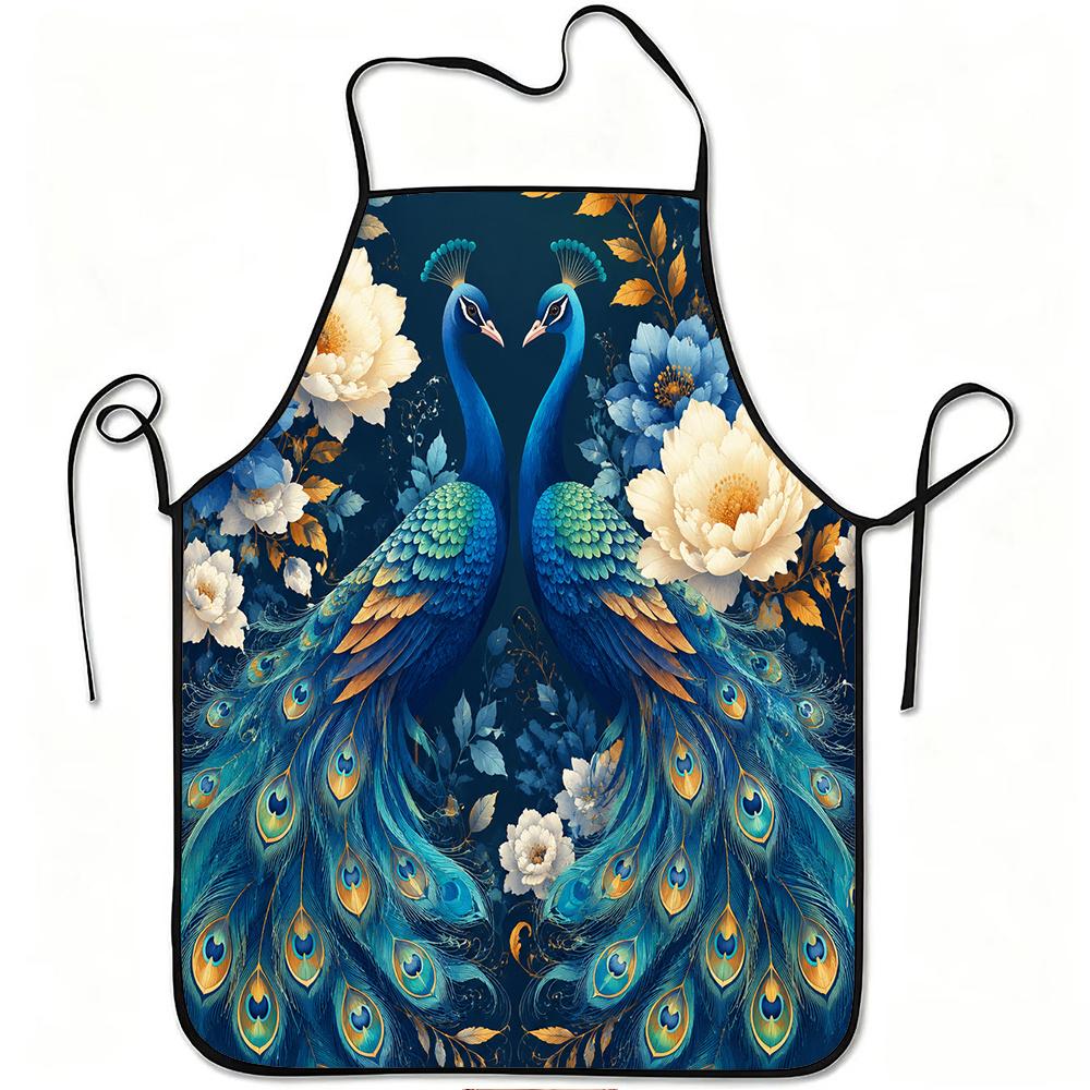 1pc Elegant Peacock And Floral Art Print Apron, Durable And Easy to Clean, Adjustable Waistband, Polyester Material, for Kitchen Cooking, Gardening, O
