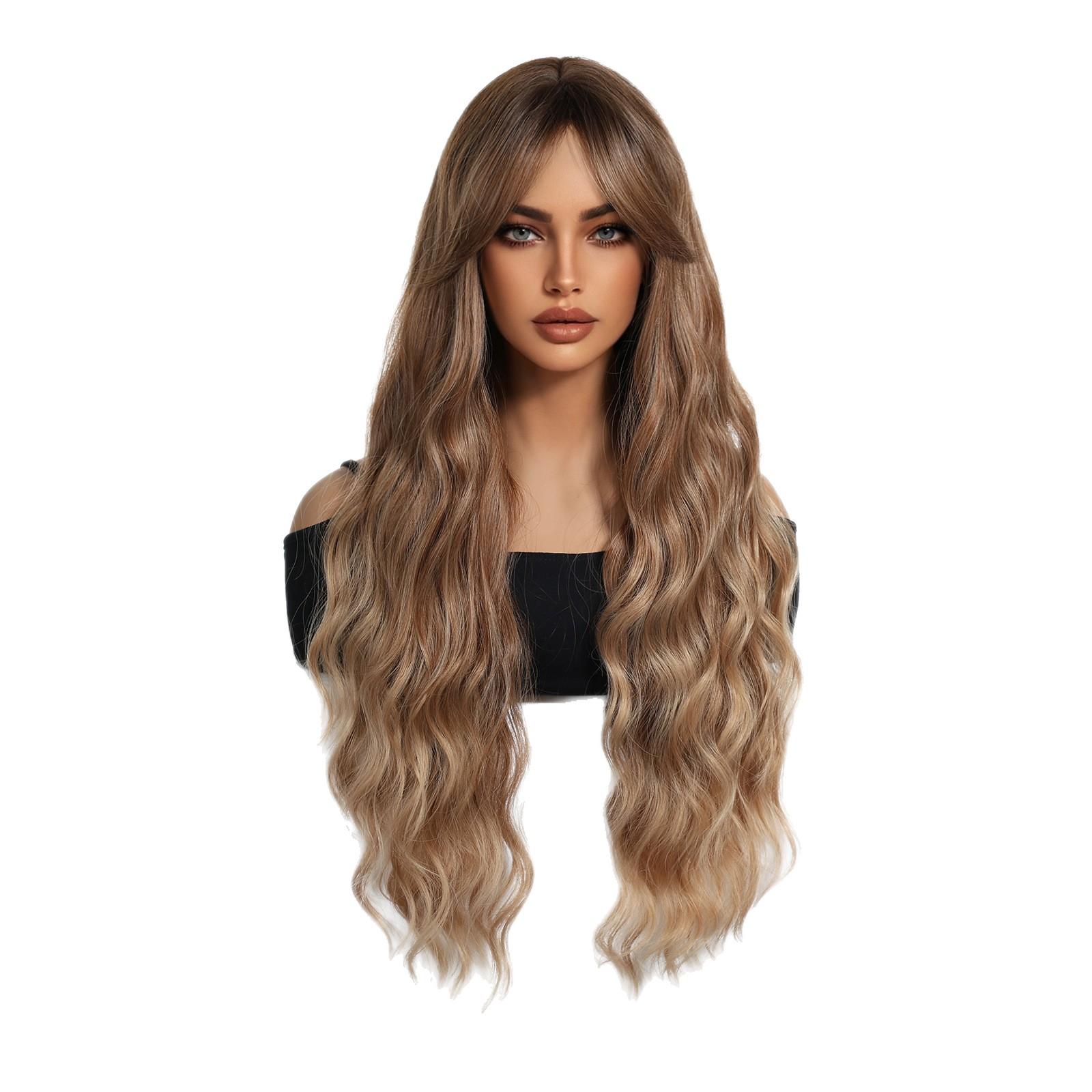 Women s Eight-Character Bangs Extra Long Curly Brown Wig-Heat Resistant Synthetic Fiber Machine-Made Transparent Natural (Brown,28 inches)