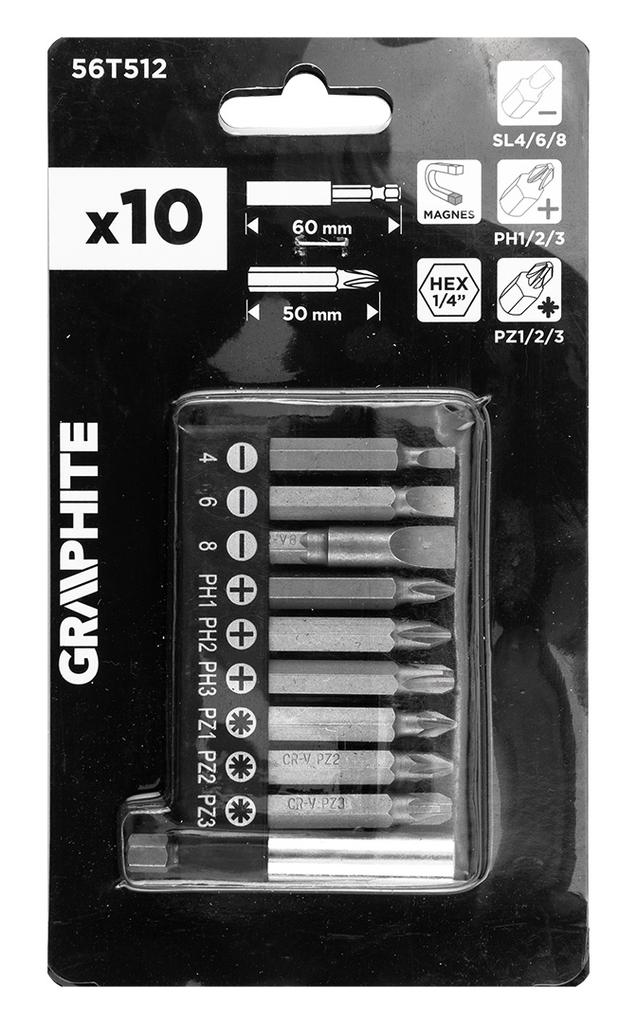 Zestaw bitów SL4/6/8, PH1/2/3, PZ1/2/3 x 50 mm, z uchwytem magnetycznym 60 mm, 10 szt.