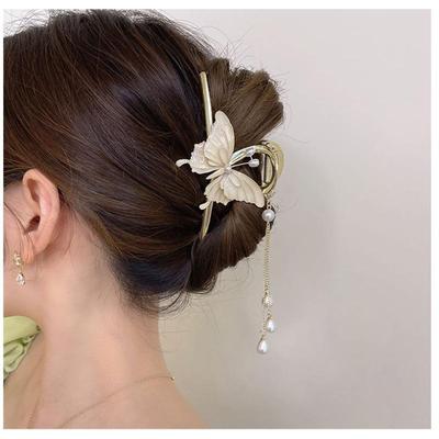 Retro Elegant Tassel Butterfly Pearl Grab Clip Women's Shark Ponytail Clips Fashion Sweet Metal Headwear High-end Jewelry Gifts