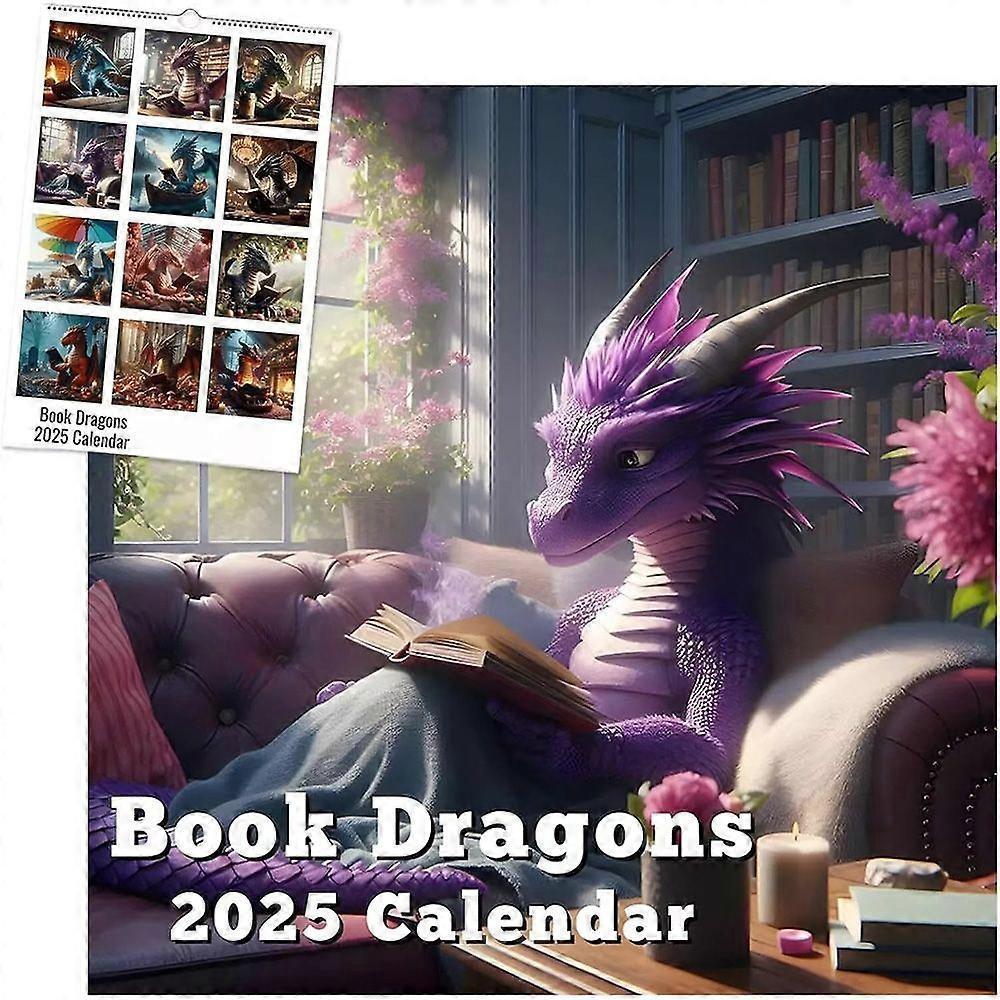 Book Dragon Calendar 2025, Funny Dragon Reading Book Monthly Planner Calendar
