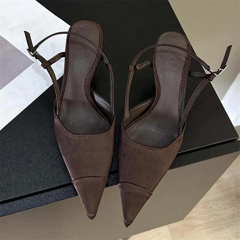 Fashion High Quality Satin Slingback Pumps Women Sexy Pointed Toe Back Strap Buckle High Heel Sandals Fashion Shallow Party Dress Shoes
