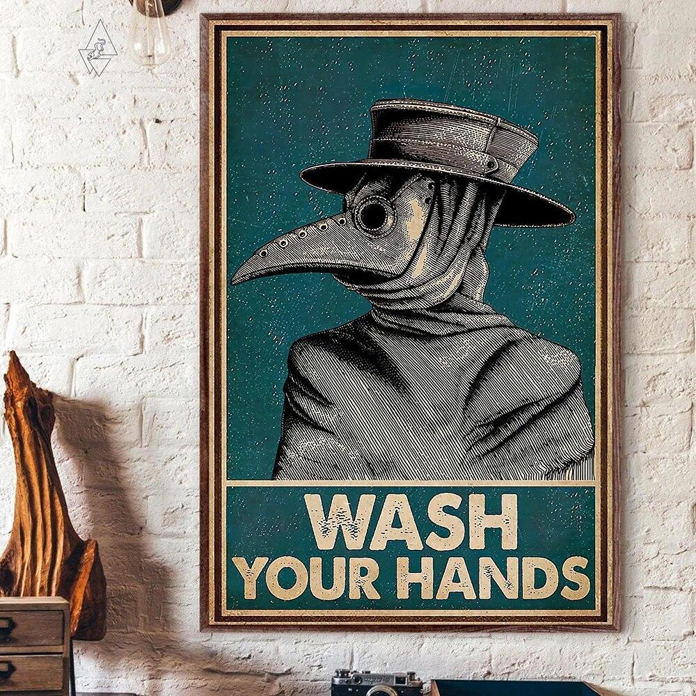 Vintage Poster Plague Doctor Wash Your Hand Sign Public Health Retro Wall Art Bathroom Canvas Painting Print Doctor Office Decor No Frame