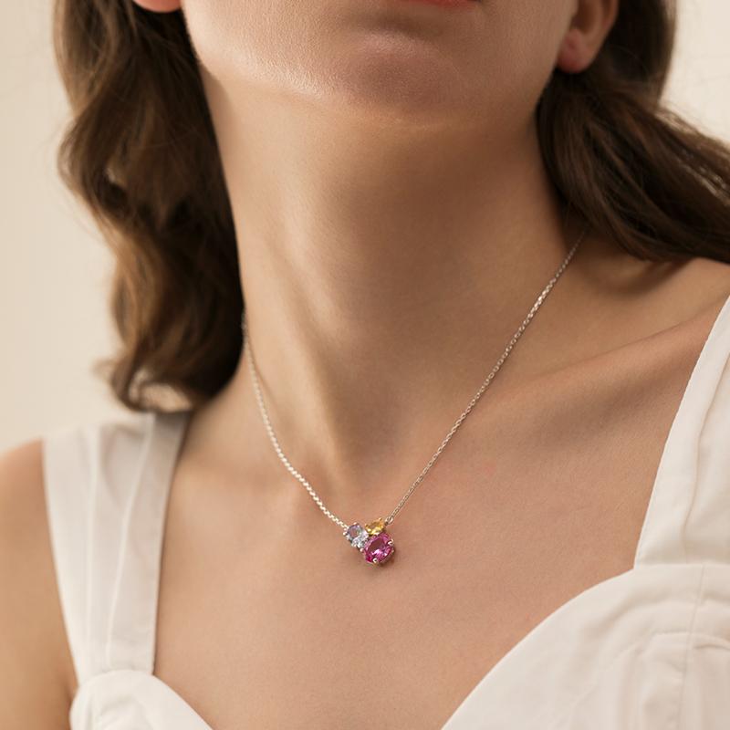 Original 925 Sterling Silver Rainbow Fancy Cubic Zircon Three Stone Pendant Necklace for Women