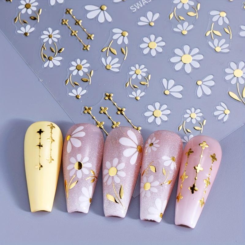 Golden Daisy Foil Nail Art Stickers Self Adhesive Floral Pattern Shiny Metallic Accents Waterproof for DIY Manicure Women Girls