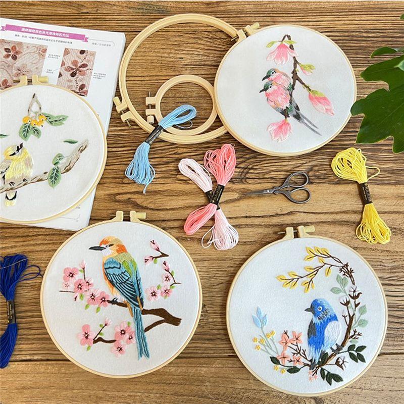 AEE4-4Pack Embroidery Kits For Adults Embroidery Kit For Beginners Hand Embroidery Kit With Patterns(Birdie)