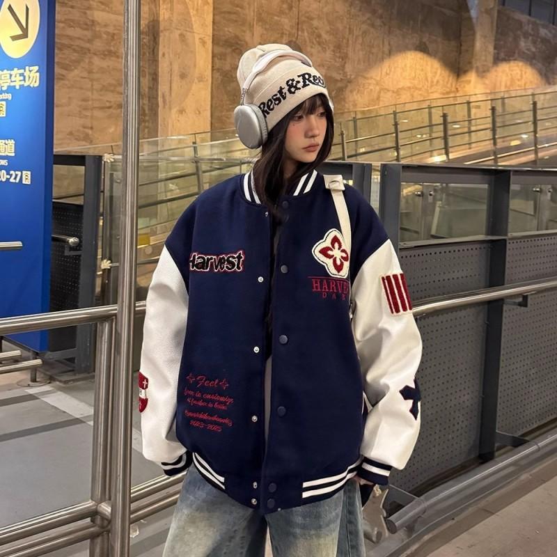 Herre Dame Oversized Baseballjakke PU Læder Patchwork Rombus Broderi Efterår Casual Moto Yderbeklædning