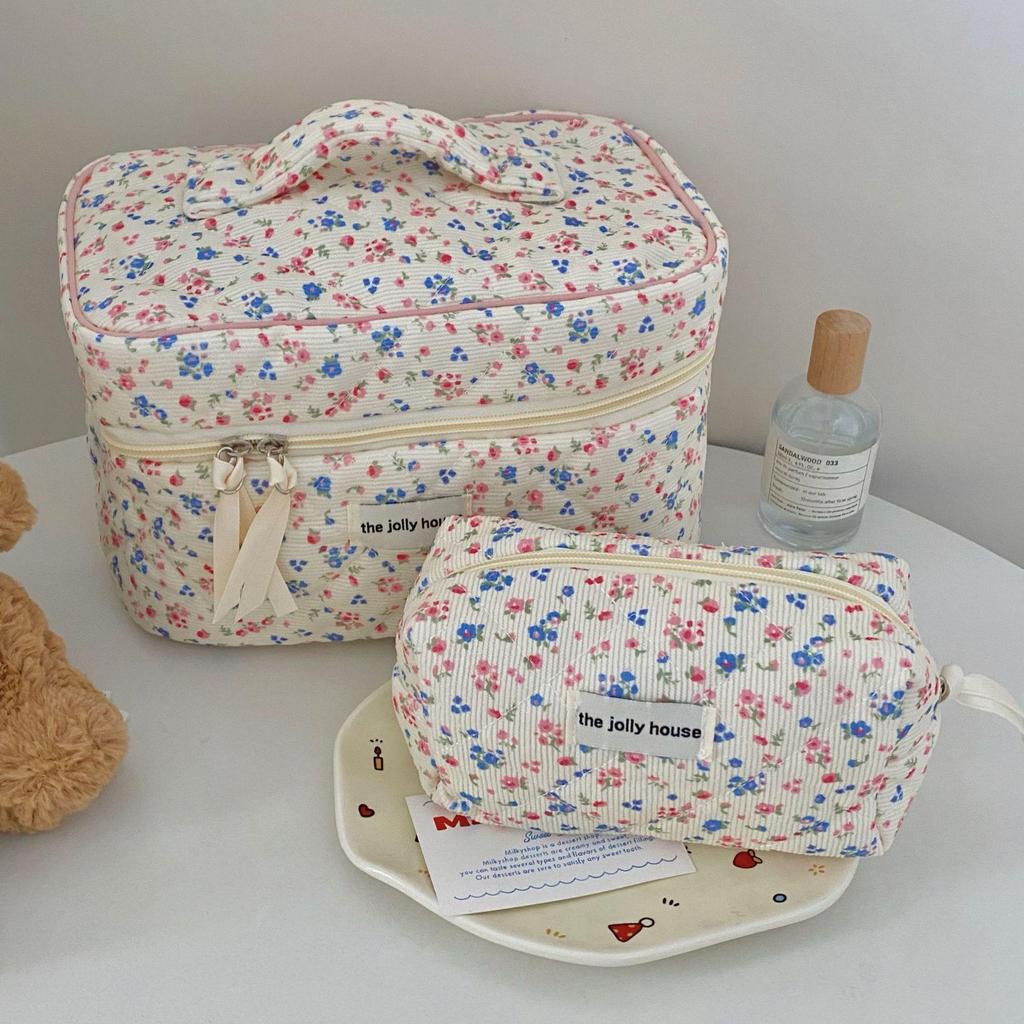 Large Floral Corduroy Makeup Bag for Women - Portable Handheld Skincare Storage