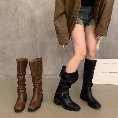 Cowhide Version~ Round Head Thick Heel Metal Buckle Two Wear Lapel High Knight Boots Brown Pile Boots Tide